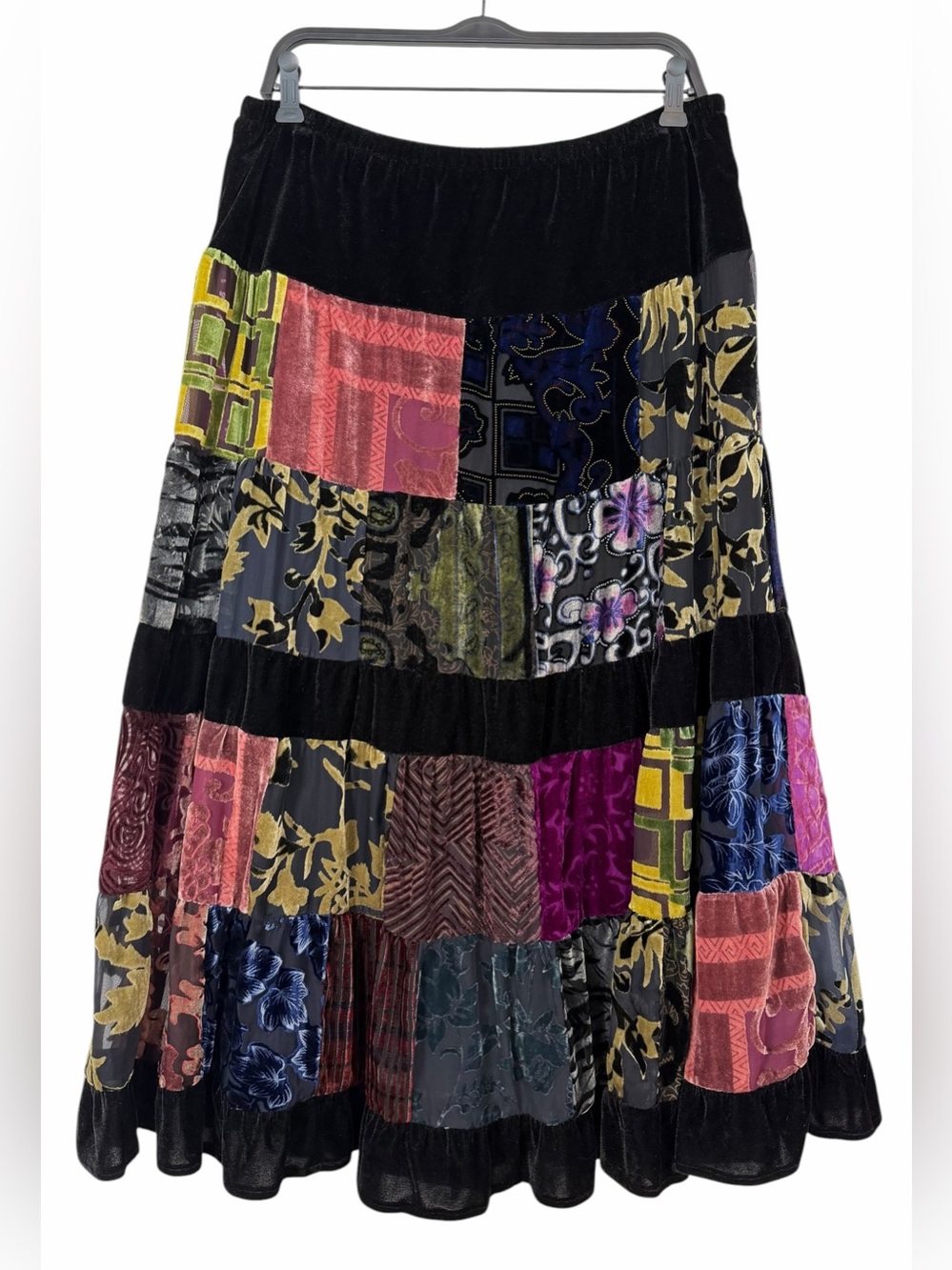 Vintage Velvet Patchwork Midi Maxi Skirt MSK 90s Boho Multicolor Size XL